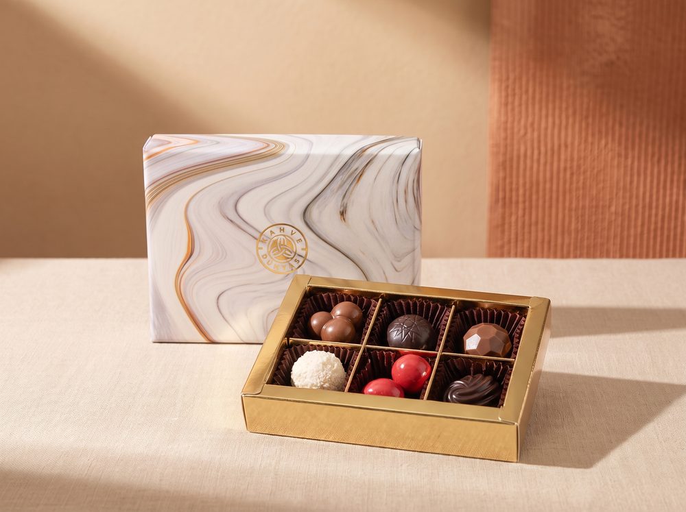 Marble gift box open, six chocolates in the gold tray